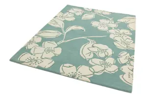 Blue Floral Wool Handmade Modern Easy to Clean Bedroom Dining Room And Living Room Rug -120cm X 170cm