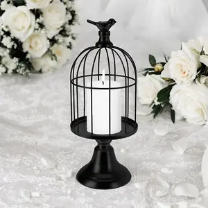 URBNLIVING 30cm Height Black Metal Wire Bird Cage Tealight Pillar Candle Stand Holder Table Centrepiece