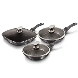 BERLINGER HAUS Carbon Pro 3pcs Frying Grill Pan Aluminium Non Stick Marble Coating Metallic