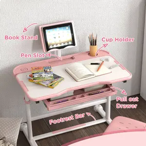 AIYAPLAY Height Adjustable Kids Desk and Chair Set w/ Tilted Desktop - Pink