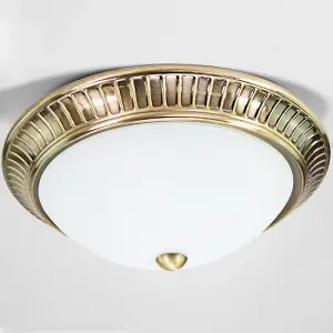 Traditional Antique Brass Flush Ceiling Light Fitting with Opal Glass Diffuser