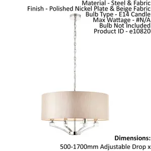 Ceiling Pendant Light Polished Nickel Plate & Beige Fabric 4 x 40W E14