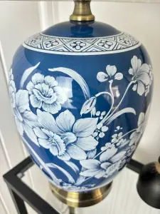 Blue Oriental Ceramic Table Lamp with Pleated Shade