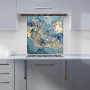 Azure And Gold Marble Effect Premium Glass Kitchen Splashback W900mm x H650mm