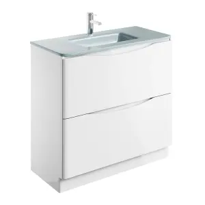 Eden 900mm Floorstanding Vanity Unit in Gloss White & White Glass Basin