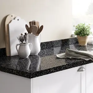 GoodHome 38mm Berberis Gloss Black Star effect Laminate & particle board Square edge Kitchen Breakfast bar, (L)2000mm