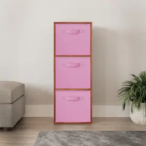 URBNLIVING 80cm Height 3 Cube Teak Wooden Shelves Cubes Cupboard Storage Units With Light Pink Drawer Insert