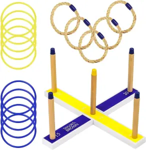 Quoits Garden Game Set with Wooden Ring Toss 5 Rope Rings, 10 Plastic Rings & Carry Bag Fun for Family, Kids, and Adults