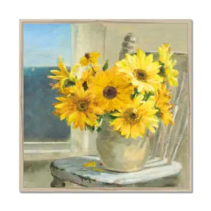 Sunflowers By The Sea Crop Light by Danhui Nai - Painting Natural Wood Framed Paper Print / 122cm H x 122cm W