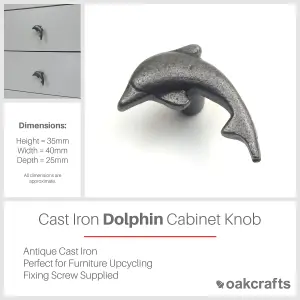 Oakcrafts - Small Antique Cast Iron Dolphin Cabinet Knob - Approx 50mm - Pack of 4