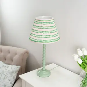 ValueLights Bobbles Sage Green Bobbin Table Lamp with Pink Aztec Pleated Shade