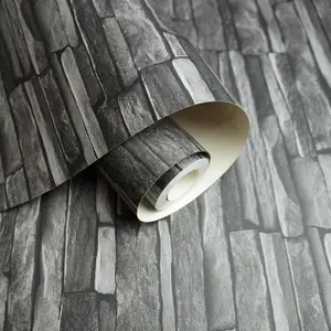 Thornton Wallpaper Holden Décor 3D Slate Brick Effect Black Charcoal Modern