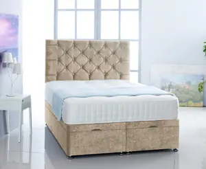 Cream  Naples Foot Lift Ottoman Bed With Memory Spring Mattress And   Studded Headboard 3FT Single