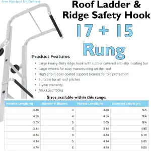 17 + 15 Rung Roof Ladder & Ridge Safety Hook Double Section 7.9m MAX Grip Steps