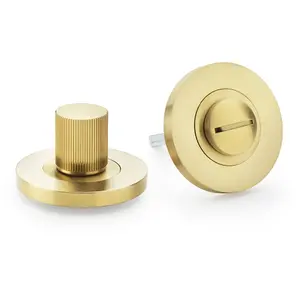 Modern Reeded Thumbturn & Release Lock - Lined Satin Brass - Bathroom Door