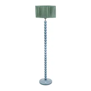 ValueLights Bobbins Powder Blue Floor Lamp with Ruched Pleated Green Drum Shade and LED Bulb