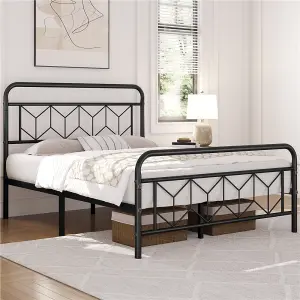 Yaheetech Black 4ft6 Double Metal Bed Frame with Diamond Pattern Headboard and Footboard