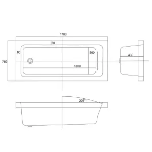 Genoa White Super-Strong Acrylic Single Ended Straight Bath (L)1700mm (W)750mm