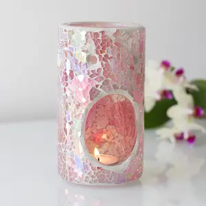 Pink Iridescent Glass Pillar Shaped Oil, Wax Melt Burner. Mirrored Crackle Effect. H14.5 cm