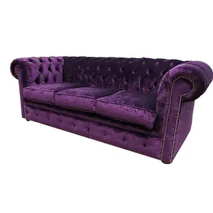 Chesterfield Handmade 3 Seater Sofa Settee Modena Aubergine Purple Velvet Fabric In Classic Style