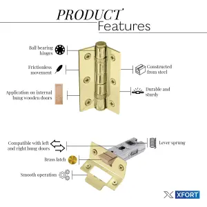 XFORT Polished Brass Tubular Latch Door Accessory Pack, Complate with 65mm Tubular Latch and 75mm Ball Bearing Hinges