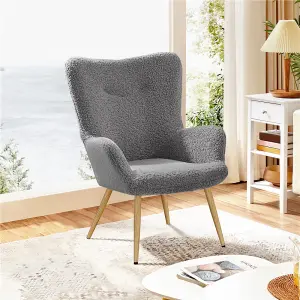 Yaheetech Grey Boucle Accent Chair with Wood-tone Metal Legs