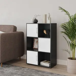 URBNLIVING 91cm Height 6 Cube Bookcase Black Wood White Door Metal Handle Display Storage Shelf