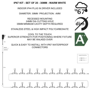 First Choice Lighting Set of 20 30mm Stainless Steel IP67 Warm White LED Plinth Decking Kit