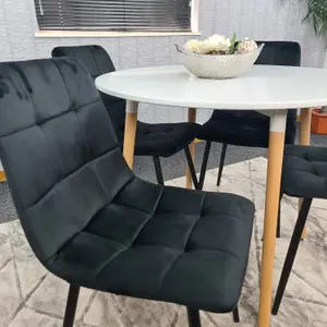 Dining Table Set Of 4 Round White Dining Table And 4 Black Velvet Tufted Chairs For Kitchen Room Dining Room