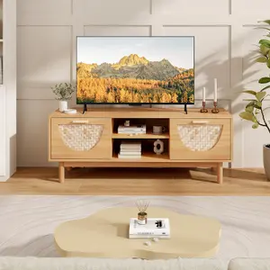 Costway TV Stand for 55-Inch TVs TV Console Media Cabinet W/ Bamboo Woven Fronts