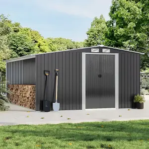 10 x 8 ft Waterproof Outdoor Metal Shed Garden Storage Tool Shed Apex Roof Double Door with Log Storage Store,Black