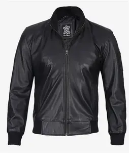 Mens Black Leather Bomber Jacket