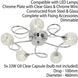 Semi Flush Ceiling Light Chrome Glass Beads 5 Bulb Hanging Pendant Lamp Shade