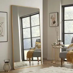 Large Leaning Wall Mirror Handcrafted and Finished with Brushed gold Metal Frame - H 180cm x W 110cm x D 5cm