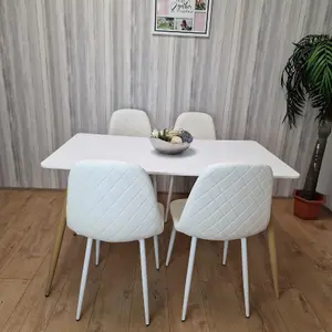 Wooden Dining Table with 4 White Gem Patterned Chairs White Table with White Chairs