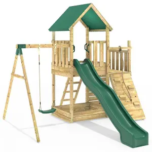 Rebo Modular Wooden Climbing Frame Adventure Playset - M3 plus Ramp & Single Swing