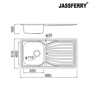 JASSFERRY Stainless Steel Kitchen Sink Single Bowl Reversible Drainer, Top Overflow Hole Design, 980 x 510 mm