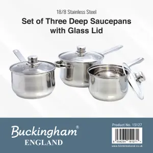 Buckingham Premium Induction Stainless Steel Saucepan Set , Cooking Pot Set with Glass Lids , 3 Piece