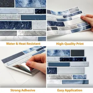 Walplus Purity Stone Blue And Grey Mosaic Wall 2D Tile Stickers Multipack 24Pcs