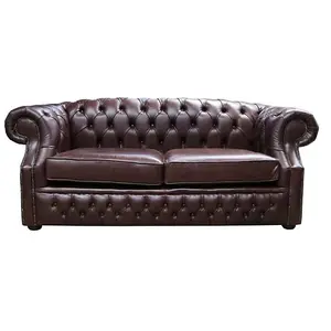 Chesterfield 2 Seater Sofa Old English Dark Brown Leather In Buckingham Style