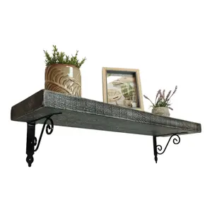 Solid Wood Handmade Rustical Shelf Monochrome 225mm 9 inch with Black Metal Bracket WOZ Length of 80cm