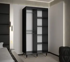 Bergen Contemporary 2 Sliding Door Wardrobe Gold Handles Marble Effect 5 Shelves 2 Rails Black (H)2080mm (W)1000mm (D)620mm