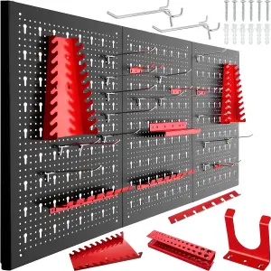 Pegboard - with 25 hooks and brackets, made of steel - black/red