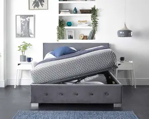 Aspire Side Opening Ottoman Storage Bed in Grey Plush Velvet, Single