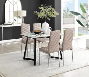 Furniturebox UK Carson White Marble Effect Dining Table & 4 Cappuccino Milan Chrome Leg Chairs