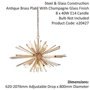 Large Antique Brass Ceiling Pendant Light - 8 Bulb Hanging Fitting - Prism Glass