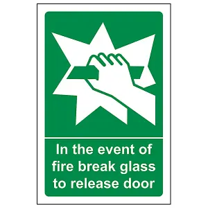 Event Of Fire Break Glass To Release Door Sign - Adhesive Vinyl - 100x150mm (x3)