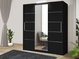 Bedroom Sliding Wardrobe with LED - Storage Space & Sleek Design comes in Width 100cm/120cm/150cm/180cm/203cm/250cm (Black, 150cm)