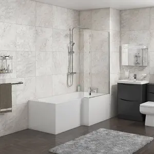 Linea 1700mm L-Shape Shower Bath, Front Panel & Screen - Right Hand