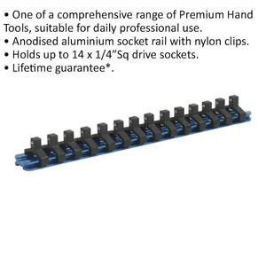 Durable 1/4 Inch Square Drive Bit Holder with 14 Socket Capacity and Retaining Rail Storage